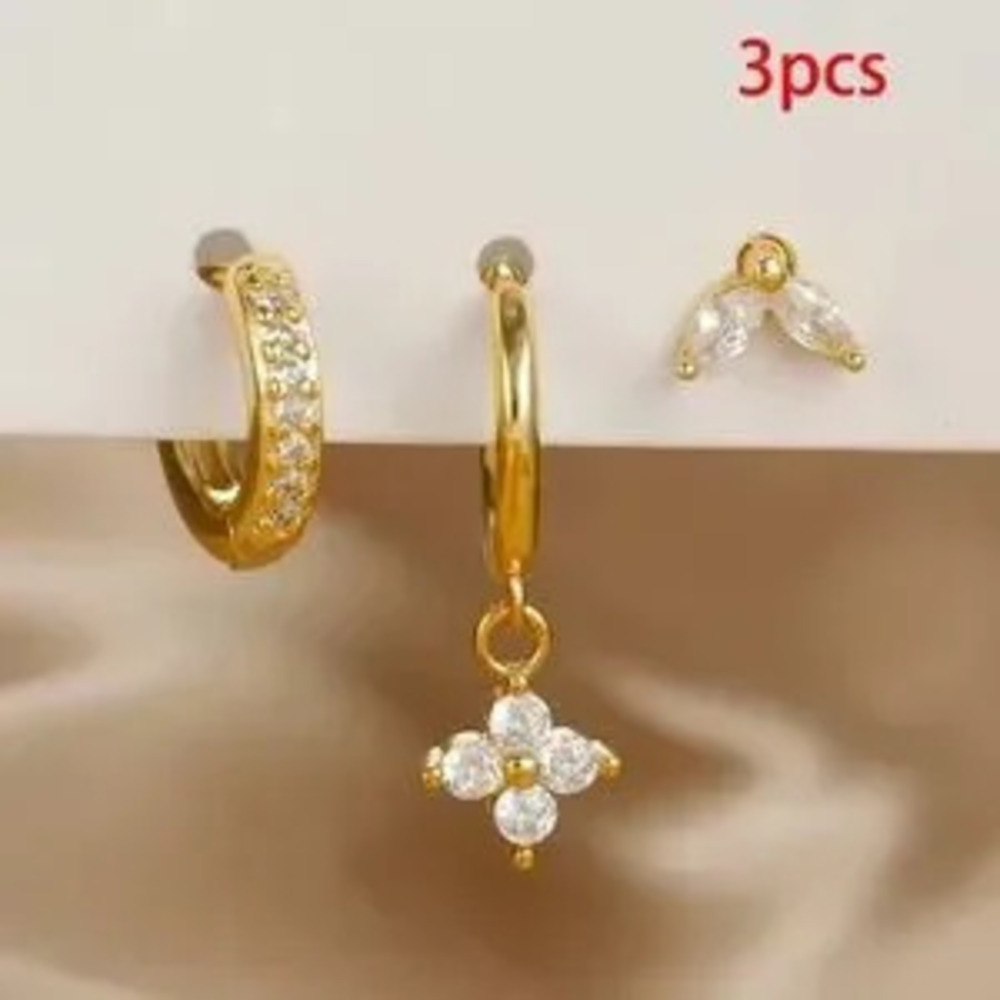 3PCS Stainless Steel Zircon Flower Pendant Hoop Earrings Set